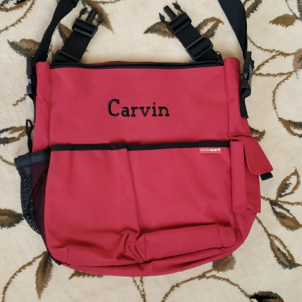 Skip Hop Diaper Bag Red Duo Stroller Friendly, Calvin embroidered.